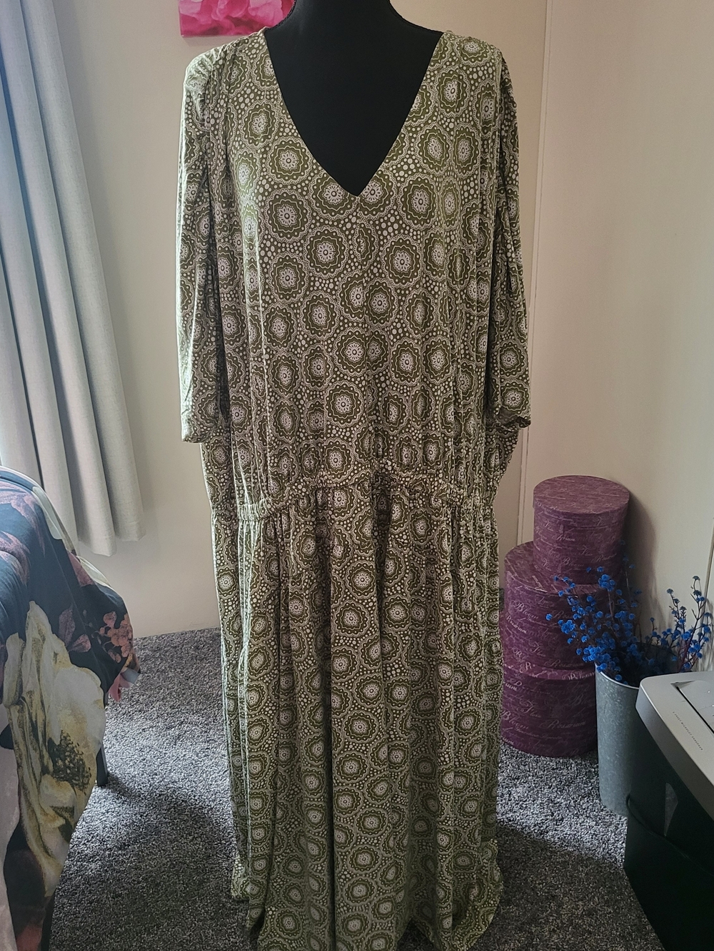 Lane Bryant Olive Green Printed V-Neck Maxi Dress